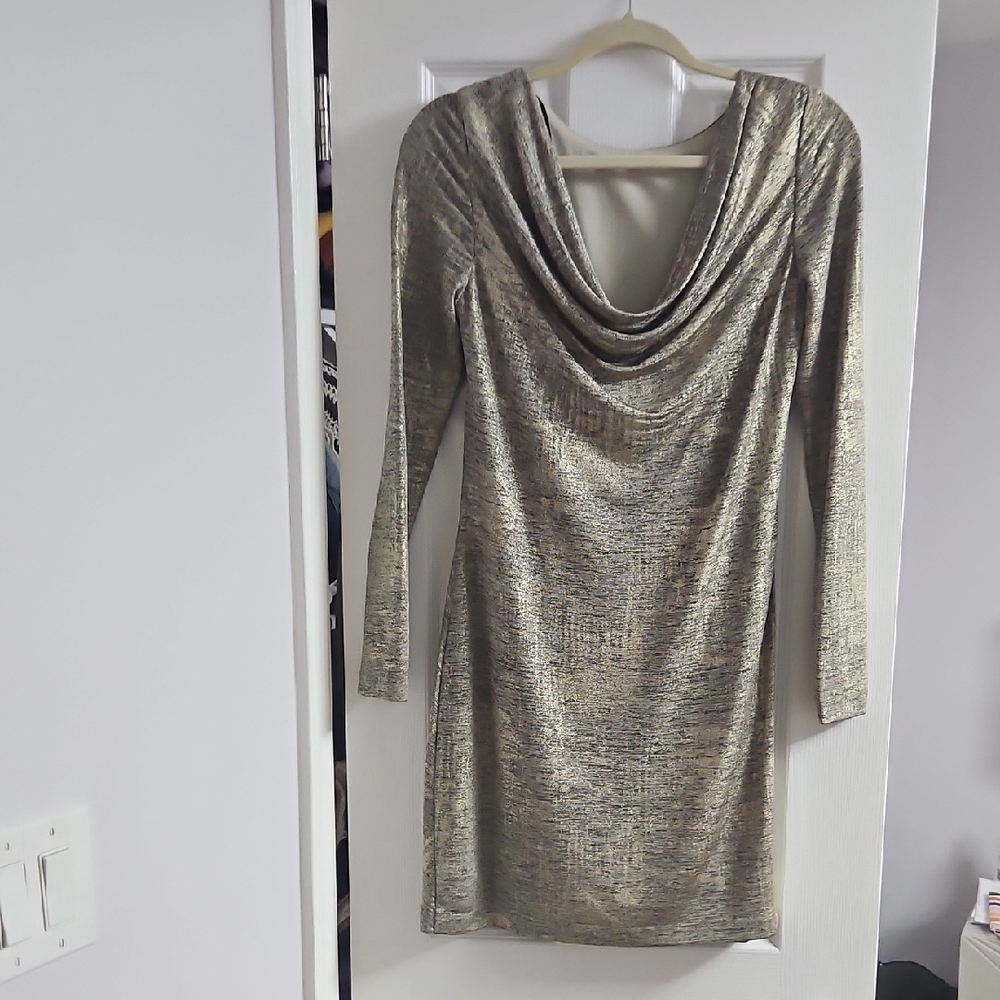 Vince Camuto Metallic Gold Cowl Neck Long Sleeve Dress